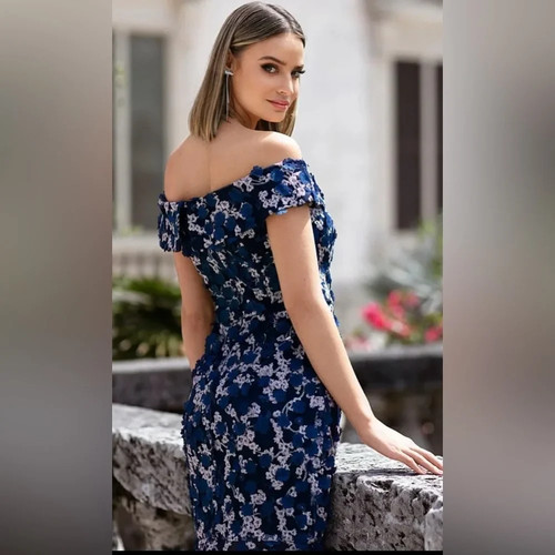 Xscape Navy Blue Floral Off-Shoulder Dress Mother of the Bride Groom