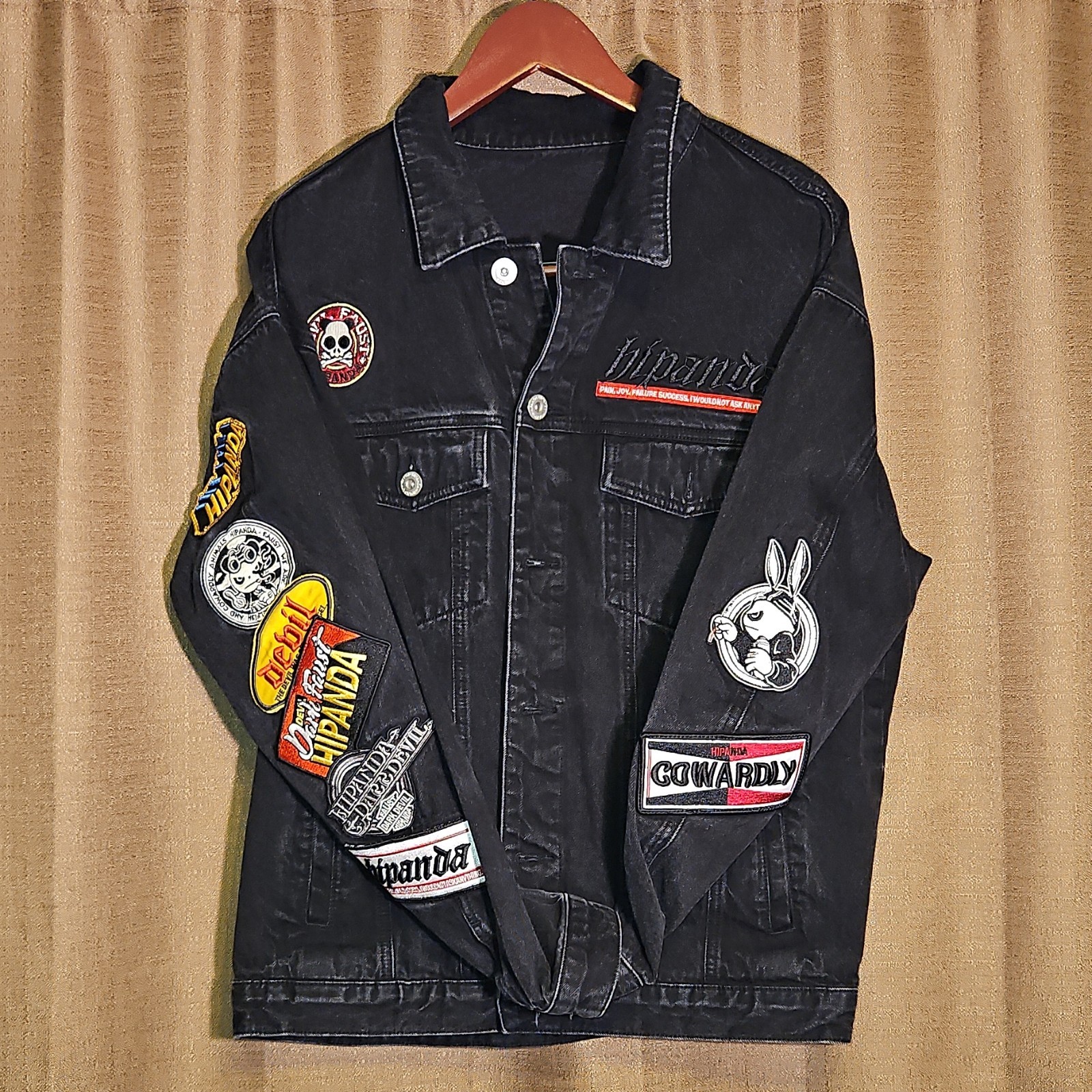 Chaqueta de mezclilla negra para hombre talla L. Rara HIPANDA parches bordados botón