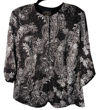 Alex Evenings Womens Black Silver Paisley 3/4 Sleeve Shoulder Pads Jacket 2X