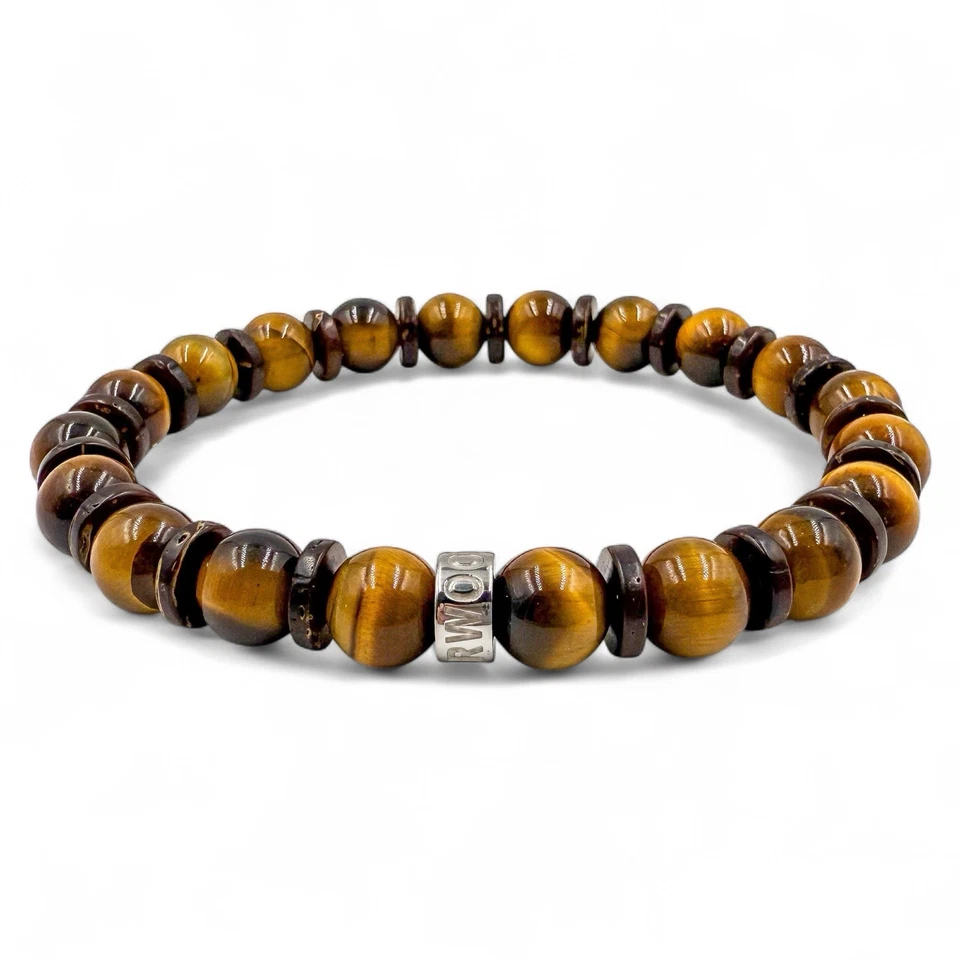 Pulseira masculina de contas de pedra preciosa e madeira - Sombra de tigre - Joias elásticas feitas à mão - Imagem 4 de 4