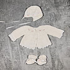 Handmade Crochet Baby Outfit Set Cardigan Bonnet Booties Infant 0-3M