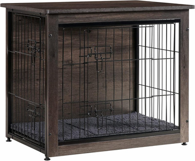 Dog Crate Furniture with Cushion, Wooden Kennel Table with Double Doors, Indoor 