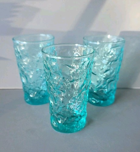 Vintage Anchor Hocking Blue Aqua Lido Milano Crinkle Juice Glass Set of 3 4"