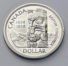 1958 British Columbia 800 Silver Canadian Dollar. Vintage Currency, Coinage