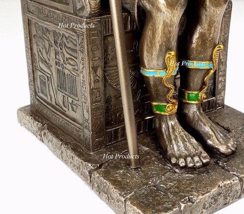 Egyptian Anubis Jackal W/ Cobra Scepter on Throne Statue Antique Bronze Finish - Picture 6 of 6