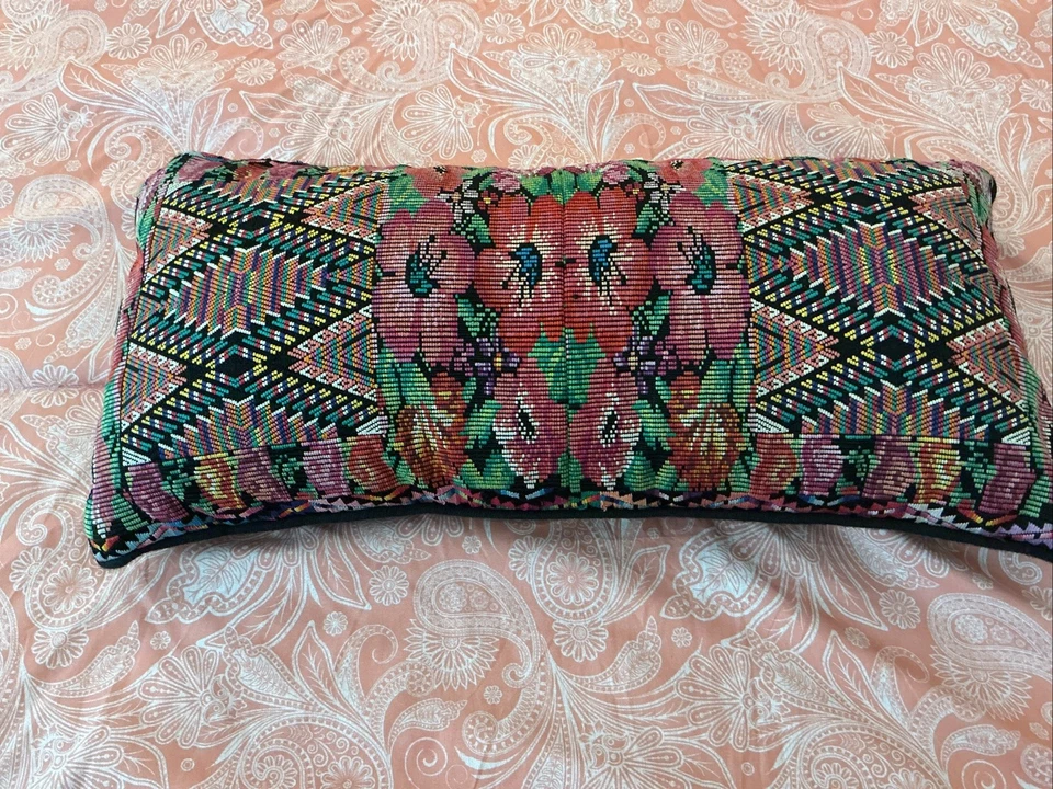 Guatemalan Multicolor pinks And Greens florals Long lumbar Bolster pillow - Image 2 of 4