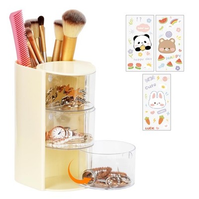 3-Tier Clear Hair Accessories Organizer with Makeup Brush Holder, Beige