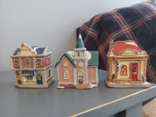 Lot Of 3 Christmas Village Houses, Schoolhouse, Barber, Gift Shop, no lights