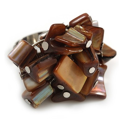 Brauner Muschel Nugget Cluster silberfarbener Ring - 7/8 Größe - verstellbar