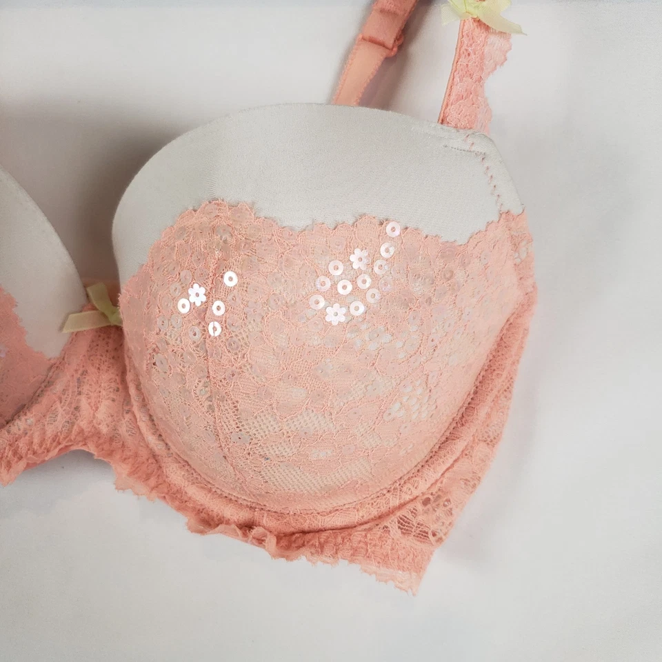 Victorias Secret Dream Angels Lined Demi Bra 32DD Lace W Sequins Peach & White - Image 3 of 4