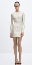 MANGO WOMEN SEQUINNED V-BACK SHOULDER PADDED MINI DRESS IN CHAMPAGNE SIZE UK 10