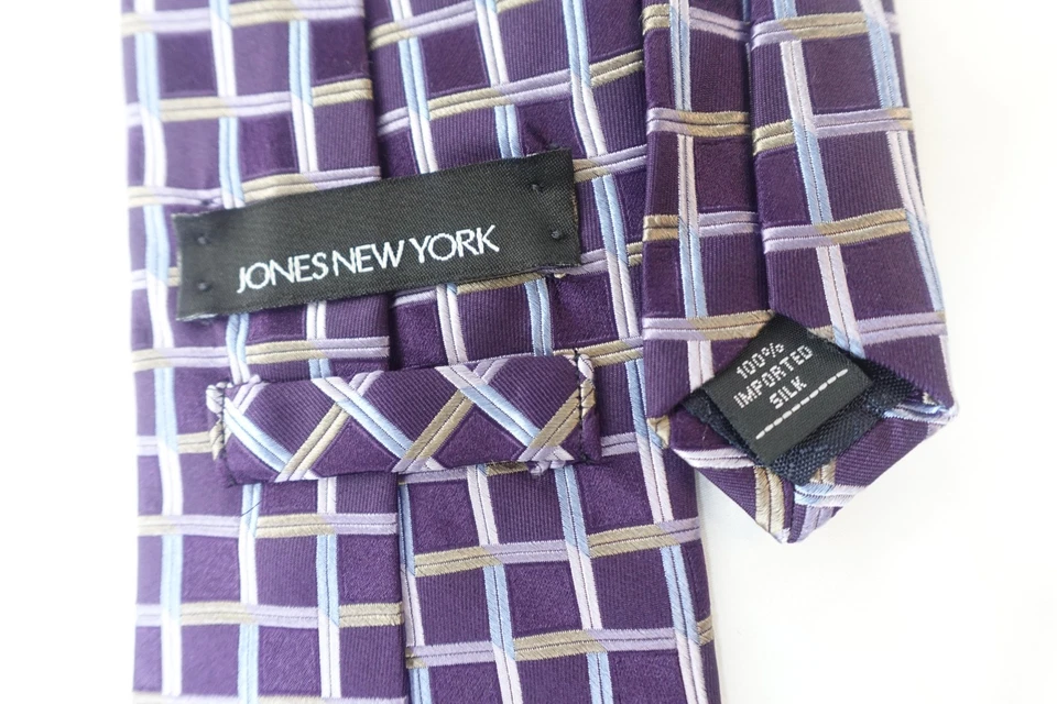 Corbata de seda Jones New York púrpura azul patrón a cuadros 100 % importada Foto 3 de 4