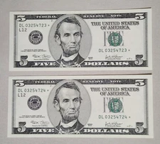 (2) $5 UNC DL Consecutive Numbers Federal Reserve STAR Notes 2003 Low Run 320K