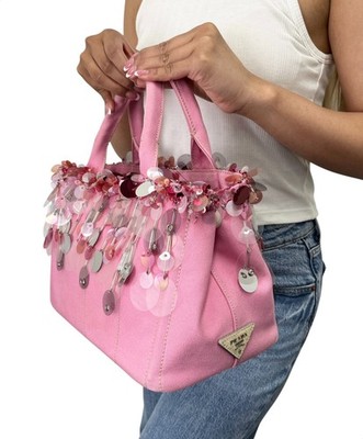 PRADA Vintage Triangle Logo Canapa Sequin Beads Hand bag Pink Canvas 902371