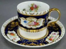 Royal Crown Derby Hand Painted Floral Cobalt & Gold Demitasse Cup & Saucer 1938