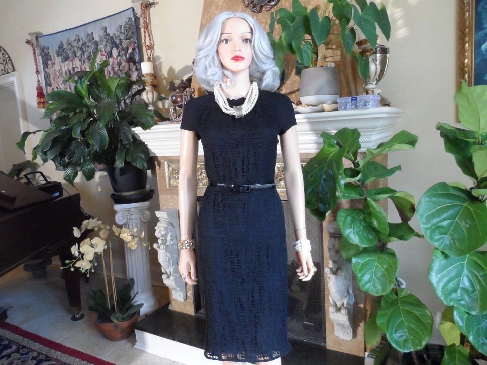 Escada for Neiman Marcus 100% Silk Black Lace Belted Sheath Dress Size 34-US 4 - Image 3 of 4