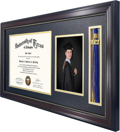 Multi-Functional 11x22 Mahogany Frame for Diploma, Tassel, and 5x7 Photo - Picture 4 of 8