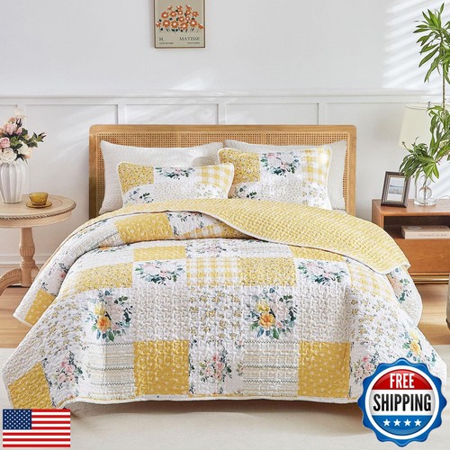 Joyreap 3 Pieces Floral Patchwork Quilt Set King, Yellow n White Flowers Desi - 第 1/5 張圖片