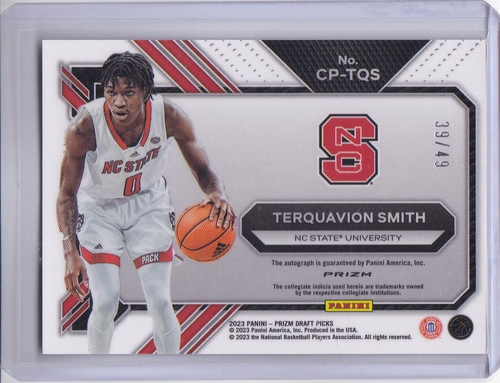 TERQUAVION SMITH 2023-24 PRIZM DRAFT PICKS ORANGE PULSAR AUTO RC #39/49 NC STATE - Picture 2 of 2