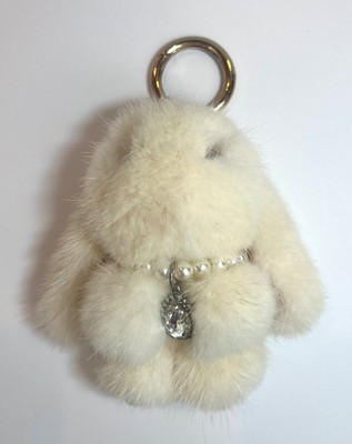 GENUINE MINK FUR BUNNY FAUX PEARL NECKLACE 6'' HAND BAG CHARM KEY CHAIN RING