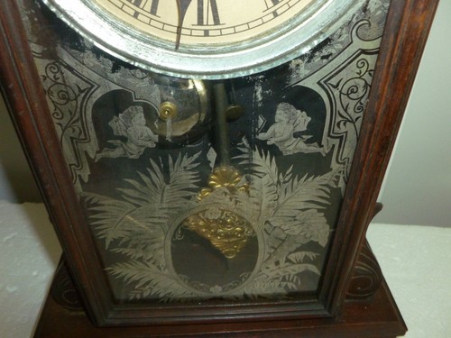 Antique Wood Mirrored Angels Saint Mantel Shelf Clock - Picture 4 of 19