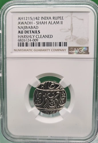 AH1215 42 INDIA SILVER  RUPEE AWADH-SHAH ALAM II NAJIBABAD NGC AU DETAILS
