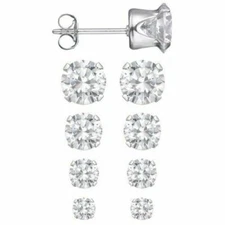 Set of 4 Sizes .925 Sterling Silver 3.75 CTW Round CZ Studs Earrings