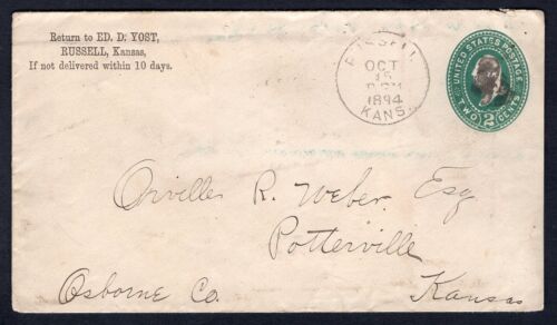 RUSSELL Kansas 1894 gestempelter Umschlag / Cover nach Potterville; Transit mit b/s Luray - Bild 1 von 2