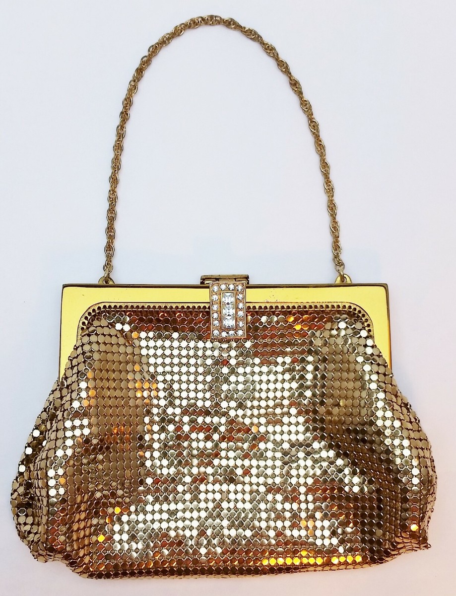1930s Whiting Davis Gold Mesh Evening Purse Box Rhinestone Clasp MCM New  Years