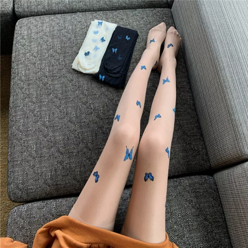 Women Pantyhose Butterfly Printed Sexy Sheer Thin Long Stockings Tights  Summer