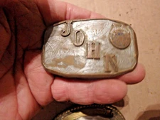 9P-vintage BRASS belt buckle- pat. 149.911 providence RI. hook fast- "JOHN"