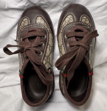 Gucci Monogram GG Toddler Girls Canvas Brown Leather Lace Up Shoes Size Eur 25