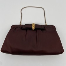 Vintage Evening Bag Plum Satin Purse Clutch Gold Handle Chain- ANDE 1960's
