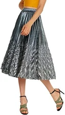 Women's Glitter Metallic Chevron Pattern Silver Mid Accordion Pleated Skirt S