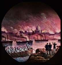 ANTIQUE Magic Lantern Slide CITY UNDER SIEGE ON FIRE C1890 LORD HORATIO NELSON