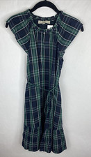 Loft Dress Womens 0 Blue Green Plaid Shift Belted Short Sleeve Pleated Lined