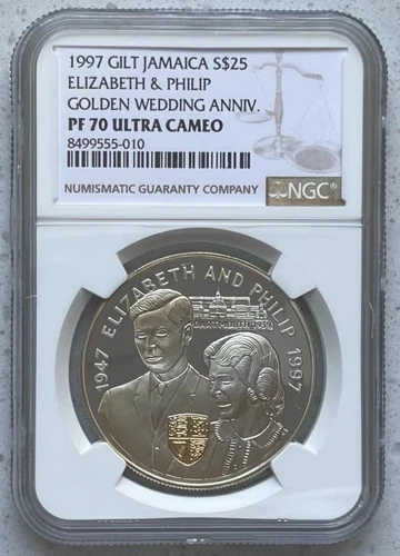 NGC PF70 Jamaica 1997 Elizabeth & Phlip Golden Wedding Anniv Silver Coin