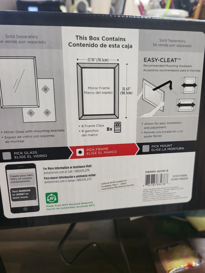2 marcos de espejo rectangulares Delta blanco mate 28 x 36" se adapta a vidrio M1 Foto 3 de 4