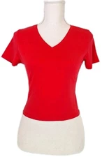 Active Basic SzL V-Neck Crop Tee Knit T-shirt Short Sleeve Top Classic Solid Red