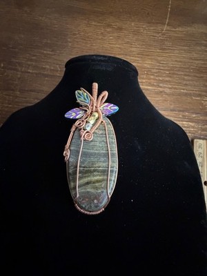 Handmade Copper Wire Wrapped Silver Leaf Jasper Czech Glass Leaf OOAK Pendant