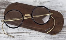 Rare Antique Signed M.C. 12K GF Black Wire Rim Frames Spectacles w/Leather Case