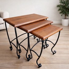 Rustic Nest of 3 Tables Solid Wood Tops Wrought Iron Base Side Occasional Tables