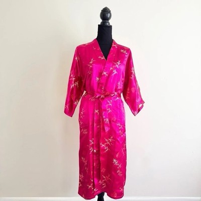 Vintage Chinese Kimono Robe Bright Pink Gold Bamboo Small Medium