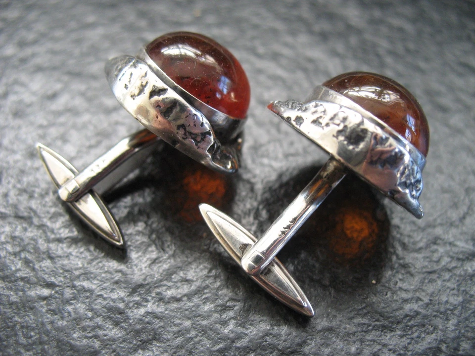 Manschettenknöpfe Silber 835 Vintage Design von ca. 1965 mit Bernstein  - Bild 3 von 4