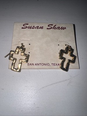 Susan Shaw Gold Open Cross Dangle Earrings Hammered Texture San Antonio Texas