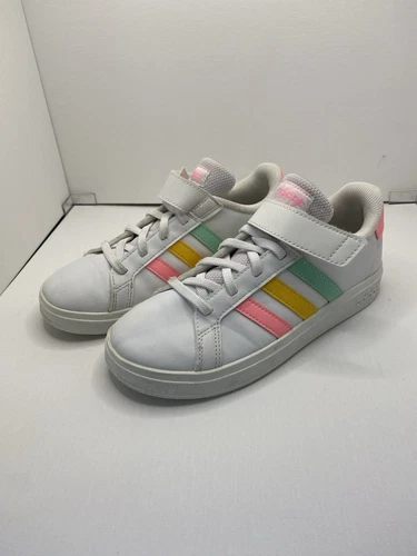 Adidas Taglia 2 (GS) Grand Court Basse Bianco Rosa Verde Giallo Usate Ottime Condizioni