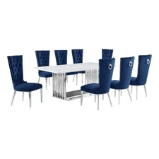 Best Quality Furniture 9-Piece Marble & Steel Dining Set in White/Silver/Navy