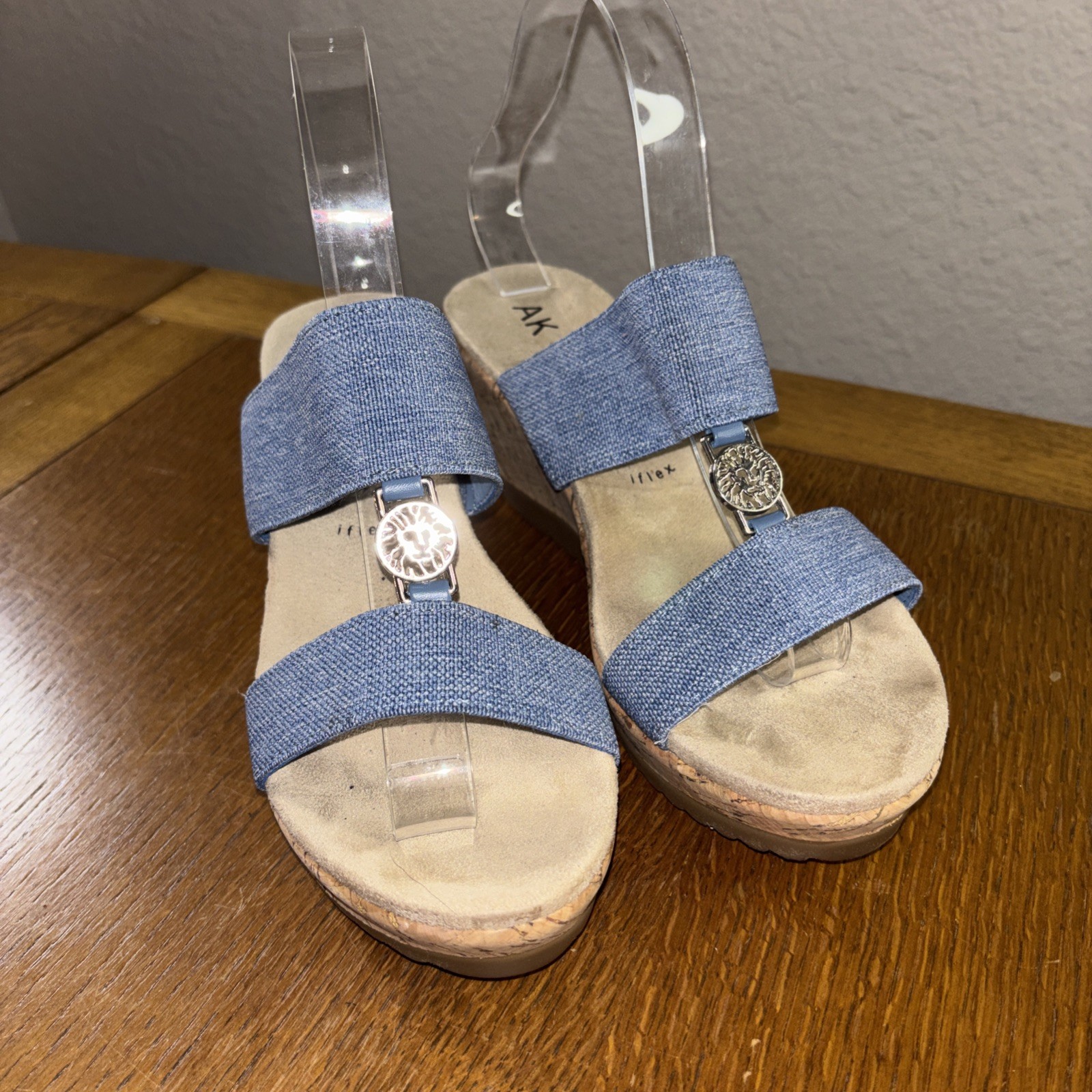 AK Anne Klein Wedge Sandals Womens 8M Blue Cork Slip On iflex Shoes