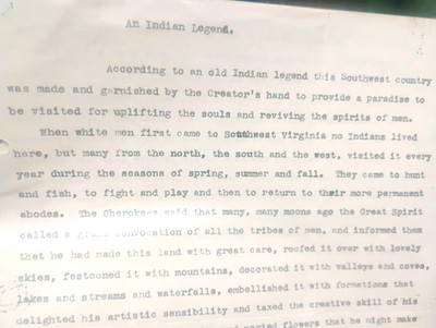 Typed Manuscript Pages  An Indian Legend  History Narrative, Southwest Virginia