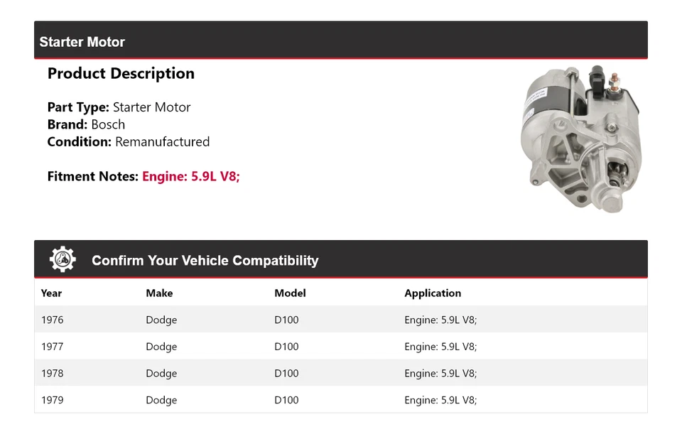 Para Dodge D100 1976-1979 5,9 L V8 Bosch Arranque (Remanufacturado) 1977 1978 Foto 2 de 4